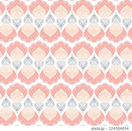Vector decorative seamless pattern with poppies in row in traditional style on white background. Folk art texture with tracery flowers 124504054