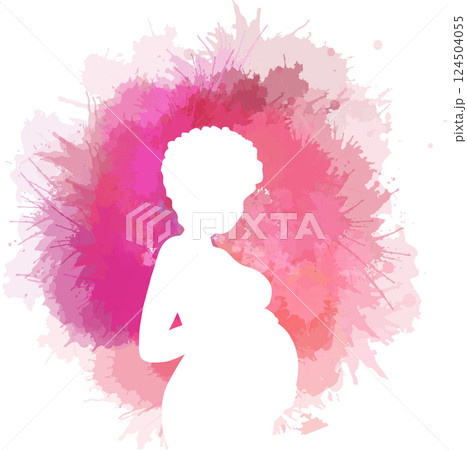 Vector white silhouette of African American pregnant woman on pink watercolor splashes. Expectation of a child. Postcard with pregnant Black woman Vector white silhouette of African American pregnant woman on pink watercolor splashes. Expectation of a child. Postcard with pregnant Black woman 124504055