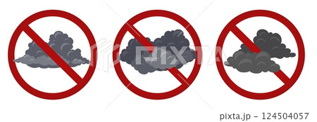 Vector set with black clouds of smoke in the sign of prohibition. Do not pollute nature. Smoking is prohibited. Collection of forbidden signs Vector set with black clouds of smoke in the sign of prohibition. Do not pollute nature. Smoking is prohibited. Collection of forbidden signs 124504057