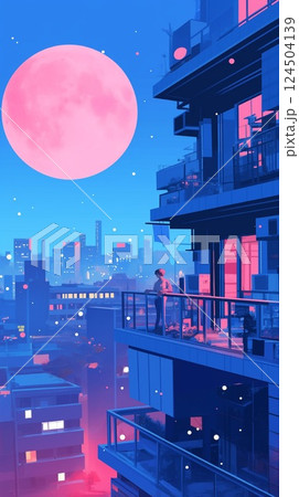 80年代風ポップカラーの都会の夜明け風景、ネオンが映える都市背景 124504139