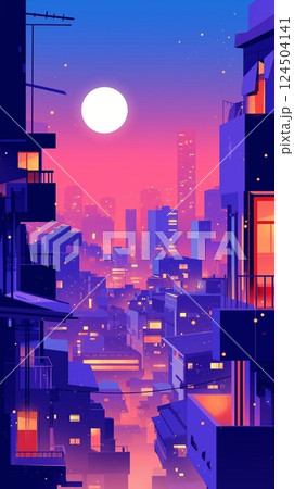80年代風ポップカラーの都会の夜明け風景、ネオンが映える都市背景 124504141