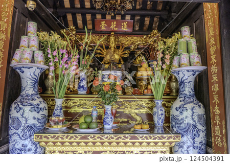 Vietnam, Hanoi, Offerings on the altar of the Mot Cot Pagoda or One Pillar Pagoda is a pagoda. 124504391