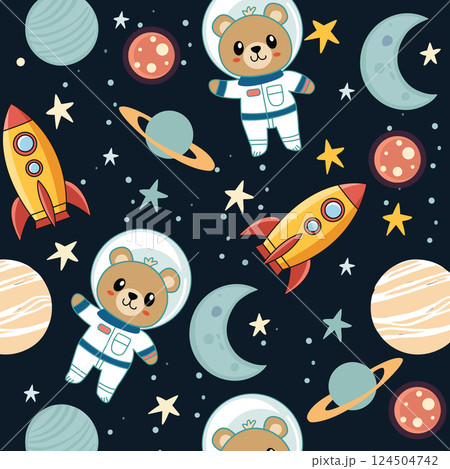 Cute bear astronaut in space seamless pattern. Cute bear astronaut in space seamless pattern. 124504742