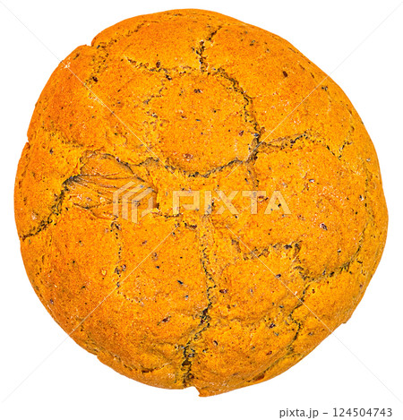 Whole round loaf of bread baked from rye and wheat flour yellow, orange isolated on a white, transparent background POV view. The concept of homemade baking according to old recipes 124504743