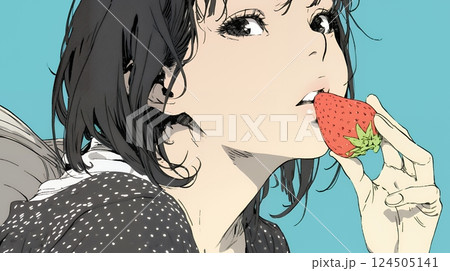 イチゴを摘んで食べている若い女性