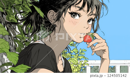 イチゴを摘んで食べている若い女性