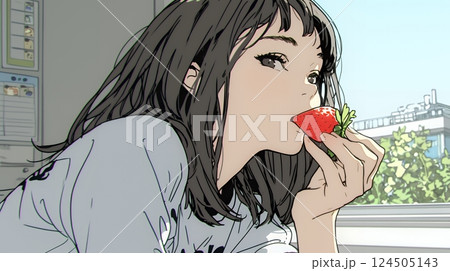 イチゴを摘んで食べている若い女性