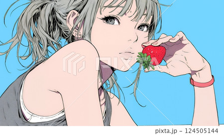 イチゴを摘んで食べている若い女性