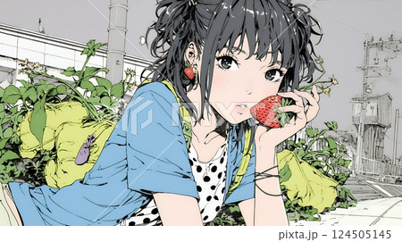 イチゴを摘んで食べている若い女性