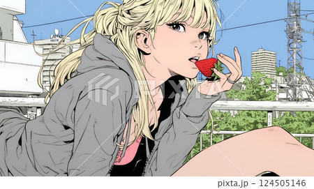 イチゴを摘んで食べている若い女性