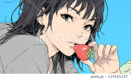 イチゴを摘んで食べている若い女性