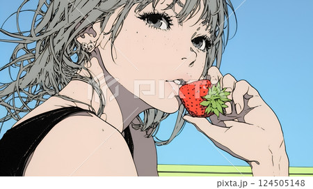 イチゴを摘んで食べている若い女性