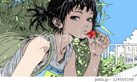 イチゴを摘んで食べている若い女性