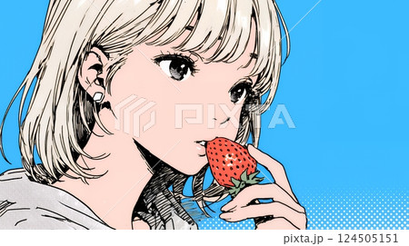 イチゴを摘んで食べている若い女性