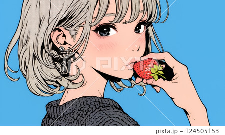 イチゴを摘んで食べている若い女性