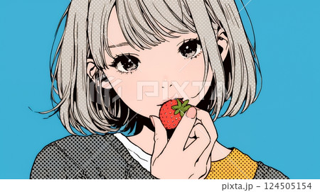イチゴを摘んで食べている若い女性