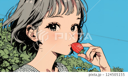 イチゴを摘んで食べている若い女性