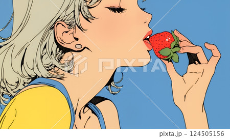 イチゴを摘んで食べている若い女性
