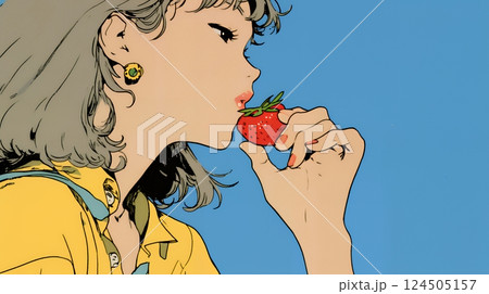 イチゴを摘んで食べている若い女性