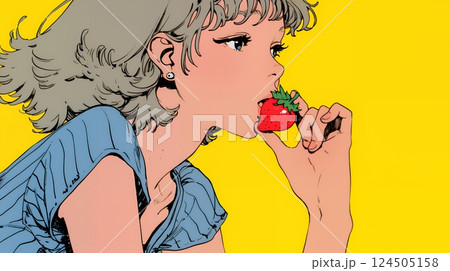 イチゴを摘んで食べている若い女性