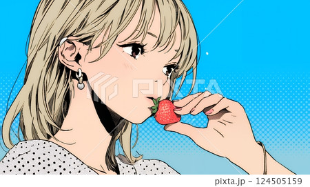 イチゴを摘んで食べている若い女性
