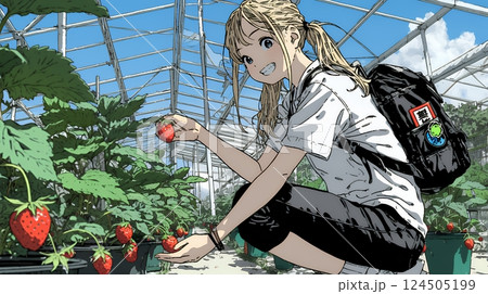 いちご狩りをしている若い女性