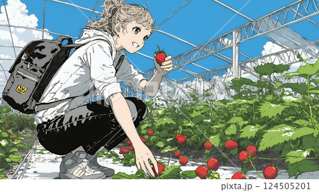いちご狩りをしている若い女性