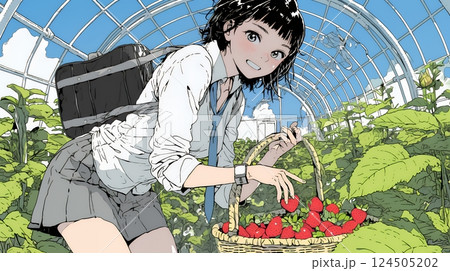 いちご狩りをしている若い女性