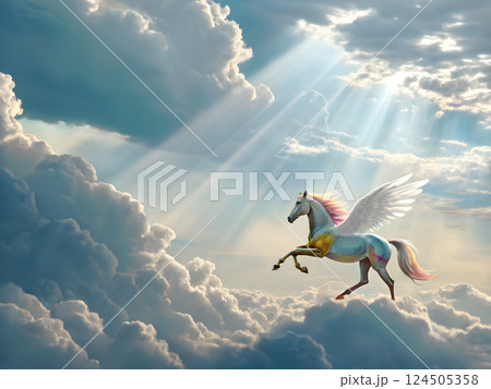 雲と雲の空間の薄明光線をバックに飛ぶカラフルなペガサス 雲と雲の空間の薄明光線をバックに飛ぶカラフルなペガサス 124505358