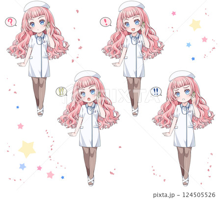 スマホで電話をかけるナースキャップを付けたピンク髪のアニメ風看護師/驚きの表情4種類セット スマホで電話をかけるナースキャップを付けたピンク髪のアニメ風看護師/驚きの表情4種類セット 124505526