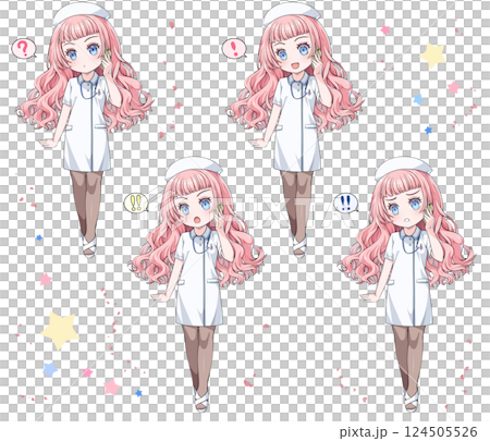 スマホで電話をかけるナースキャップを付けたピンク髪のアニメ風看護師/驚きの表情4種類セット スマホで電話をかけるナースキャップを付けたピンク髪のアニメ風看護師/驚きの表情4種類セット 124505526