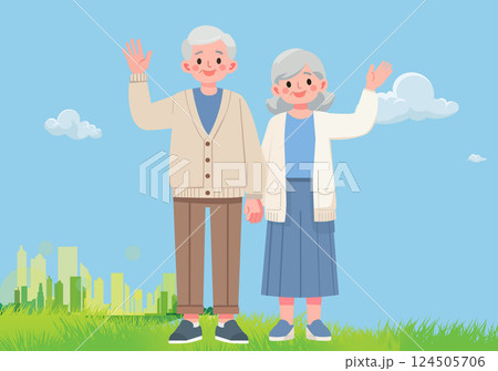 Grandpa and grandma waved their hands in joy. 124505706