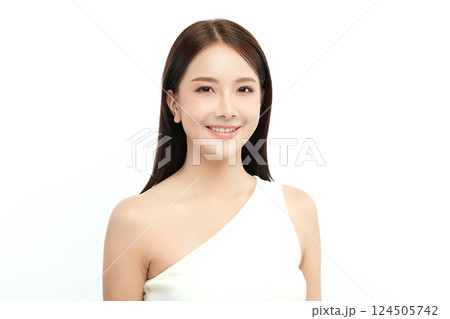 A beautiful young Asian woman with clean, fresh skin against a white background. Skincare, facial treatment, cosmetology, beauty, and spa. An elegant portrait of an Asian woman. A beautiful young Asian woman with clean, fresh skin against a white background. Skincare, facial treatment, cosmetology, beauty, and spa. An elegant portrait of an Asian woman. 124505742