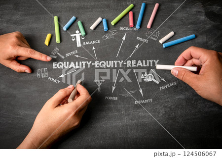 Equality Equity Reality Concept. Illustration with icons, arrows and keywords on a black chalkboard 124506067