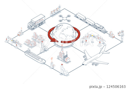 Global logistics network. 3D isometric scenes showing export-import operations via air, road, rail, and cargo services. Global logistics network. 3D isometric scenes showing export-import operations via air, road, rail, and cargo services. 124506163
