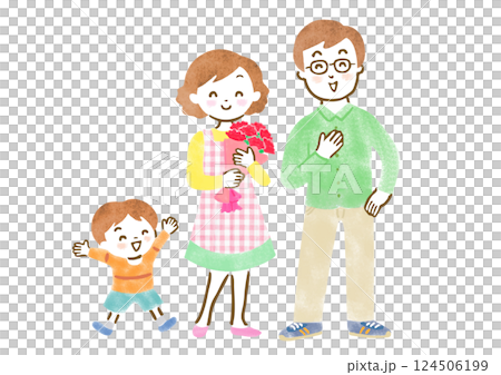 全身插畫：一位微笑的母親和家人收到一朵康乃馨 124506199