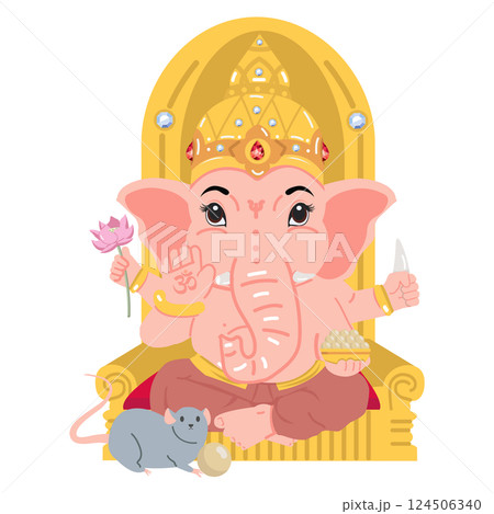 Illustration of Lord Ganesha with Mouse Companion 124506340