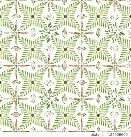 Green fern leaf seamless pattern geometric tile decor painted illustration. Hand drawn forest floral elegant natural decoration. Fern leaves with cones pattern design element with white background 124506606