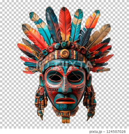 Colorful tribal mask with intricate patterns and vibrant feathers isolated on a transparent background. Traditional ceremonial mask with native design and cultural symbolism. 124507026