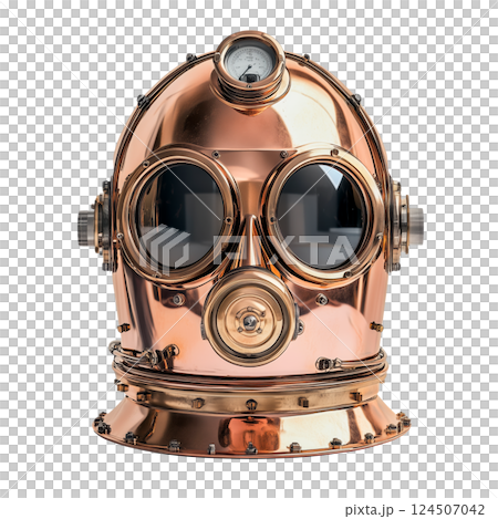 Vintage brass diving helmet isolated on a transparent background. Antique deep sea diving helmet with round glass windows and pressure gauge, classic underwater equipment for marine use. 124507042