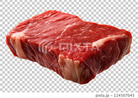 Raw beef steak isolated on a transparent background. Fresh rectangular meat cut with visible fat layers and muscle fibers, uncooked red meat portion for culinary projects and food design. 124507045