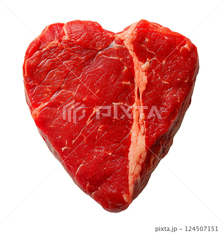 Raw beef steak in the shape of a heart, isolated on a transparent background. Fresh red meat cut with fat marbling, heart-shaped steak for food design, cooking, and culinary projects. 124507151