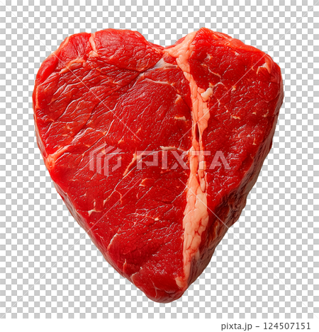 Raw beef steak in the shape of a heart, isolated on a transparent background. Fresh red meat cut with fat marbling, heart-shaped steak for food design, cooking, and culinary projects. 124507151