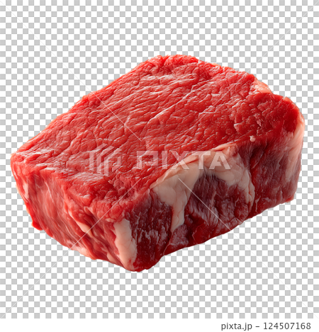 Raw beef steak isolated on a transparent background. Fresh rectangular meat cut with visible fat layers and muscle fibers, uncooked red meat portion for culinary projects and food design. 124507168