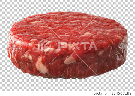 Raw beef burger patty isolated on a transparent background. Uncooked ground meat in a round shape with visible fat marbling, fresh hamburger portion for food design and cooking projects. 124507198