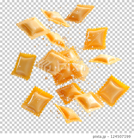 Set of raw ravioli pieces falling in water, isolated on a transparent background. Fresh Italian pasta with bubbles, uncooked and flying underwater with splashes. 124507199