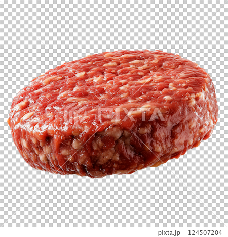 Raw beef burger patty isolated on a transparent background. Round ground meat portion for hamburger preparation, uncooked minced beef with visible fat pieces 124507204