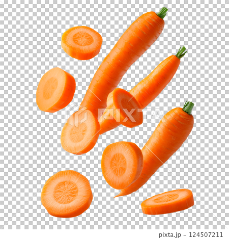 Flying fresh carrots and carrot slices isolated on a transparent background. Whole orange carrots and round pieces, raw vegetable flying in air for food and design use. 124507211