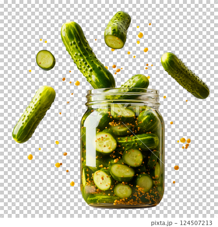 Glass jar with pickled cucumbers and mustard seeds isolated on a transparent background. Flying pickles around the jar. Fermented vegetables for preservation and flavor. 124507213