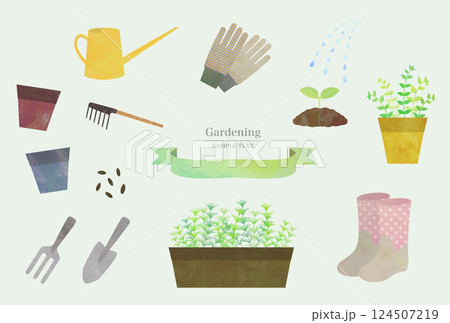 ハーブとガーデニングのイラスト素材セット (水彩風ベクター) ハーブとガーデニングのイラスト素材セット (水彩風ベクター) 124507219